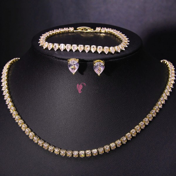 Colier cu cercei AS02NN Auriu cu pietre din zircon + Bratara